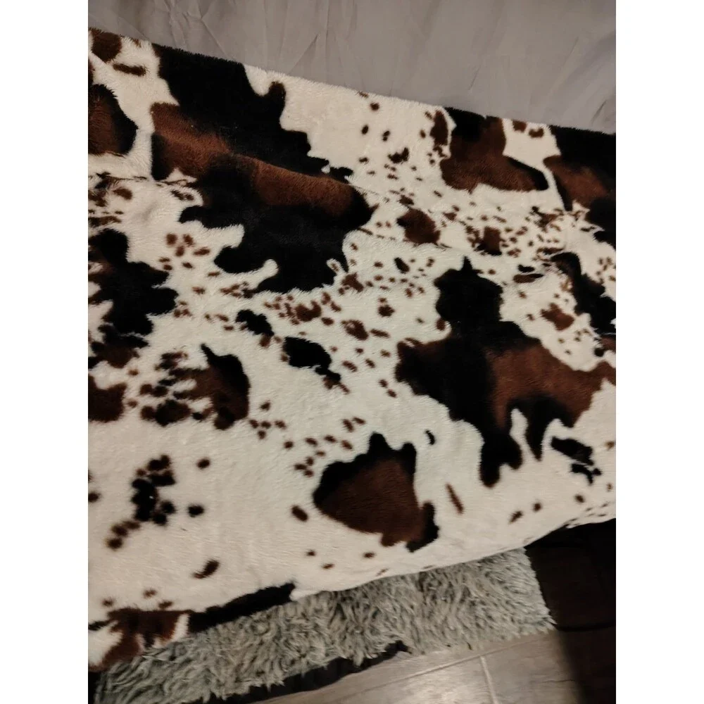 Rustic Tricolor Faux Fur Cowhide Throw Blanket AND PILLOW – Brown/White/Black